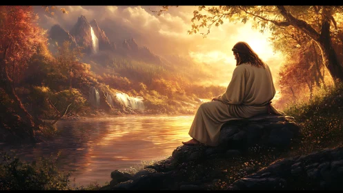 Solitary robed figure rests beside radiant mountain river