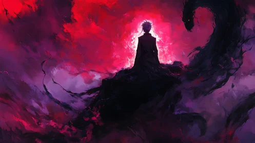 Backlit occult silhouette amidst vortex of sentient shadow.