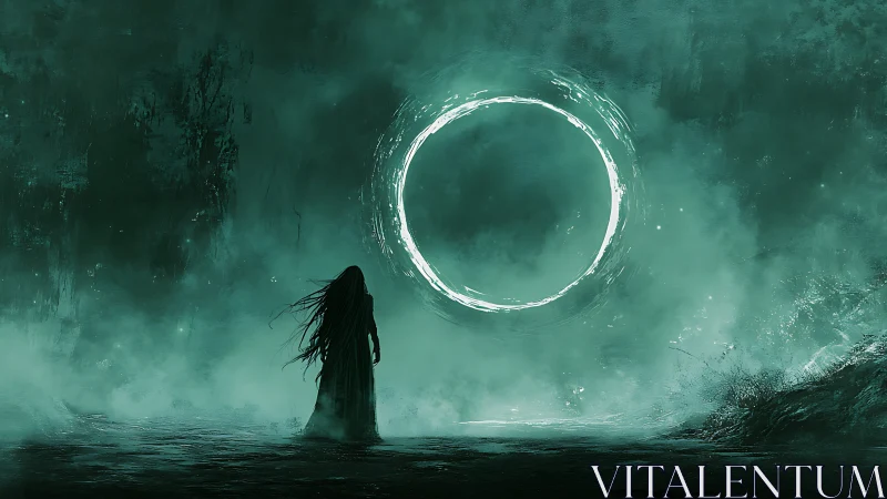 Solitary figure confronts glowing circular portal in mist