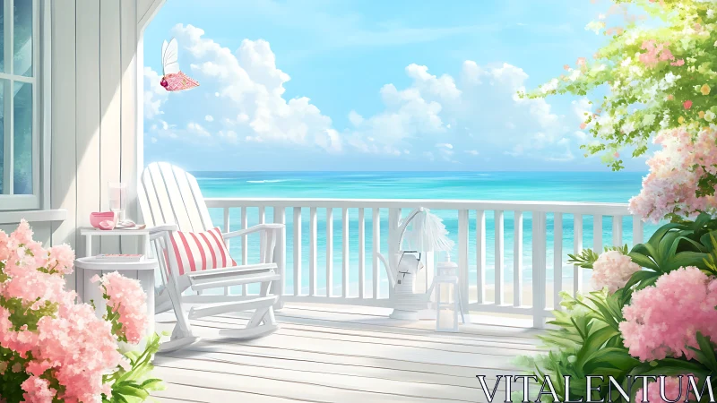 Sunlit seaside porch where quiet blooms into daydreams.