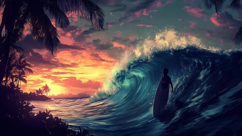 Sunset titan wave cradles lone surfer beneath flaming sky.