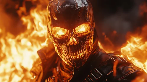 Flaming skull rider emerges from inferno in molten armor.