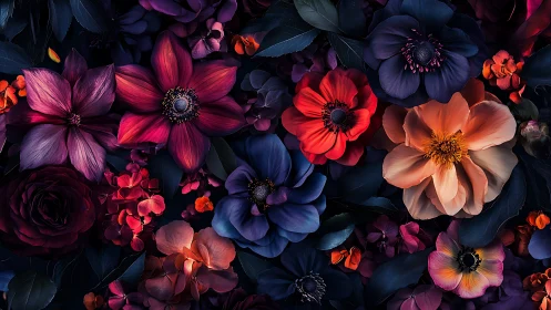 Volumetric floral composition with dramatic chiaroscuro and spectral color saturation
