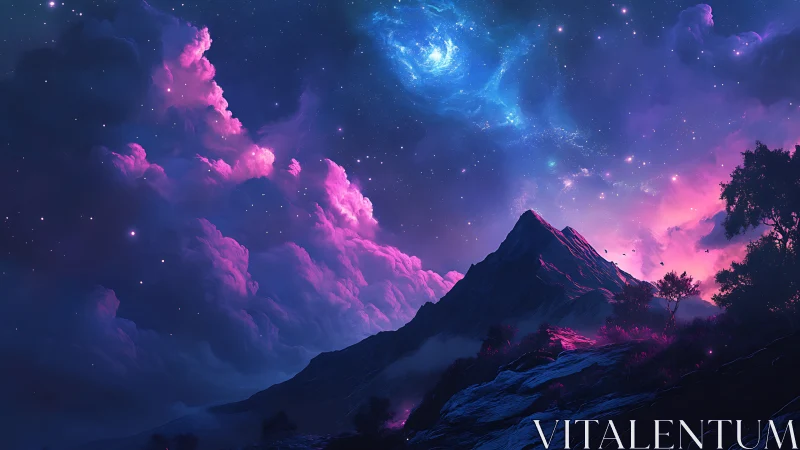 Cosmic nebula sky illuminates a stylized mountain ridge