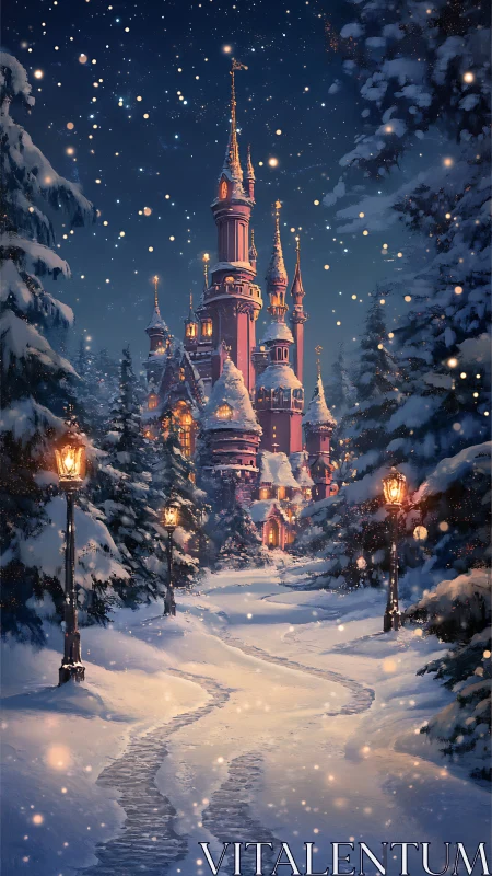 Snow covered forest path leads toward illuminated castle