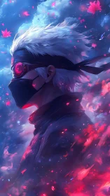 Masked silver-haired warrior in neon sakura atmosphere.
