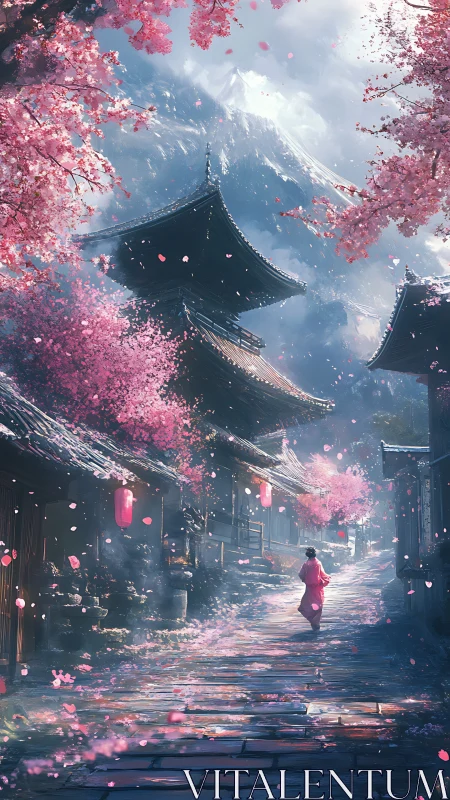 Vertical village street frames pagoda roofs and cherry blossoms