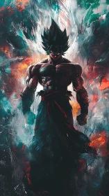 Storm-lit warrior rising through swirling cosmic fire.