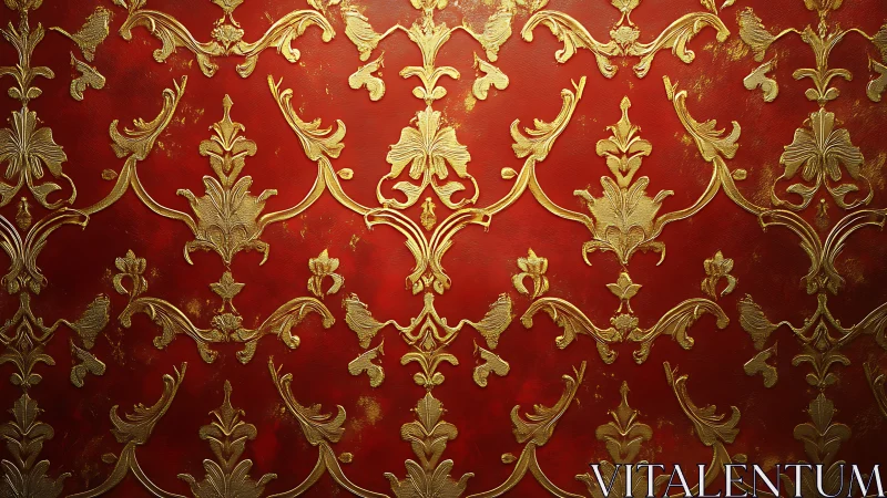 Ornate gold damask pattern enriches textured red backdrop