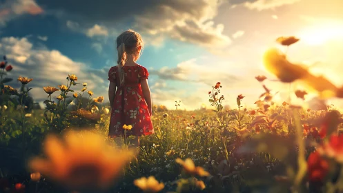 Backlit child in wildflower meadow at cinematic sunset.