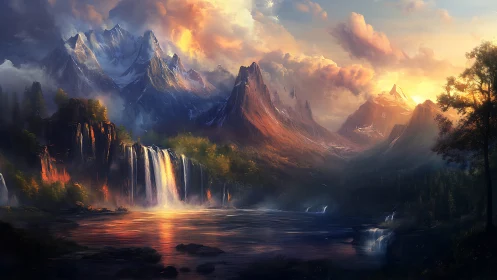 Mountain lake landscape shows waterfalls under sunset light