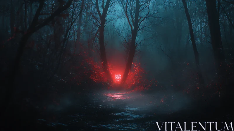 Luminous red anomaly pulses through misted nocturnal forest corridor