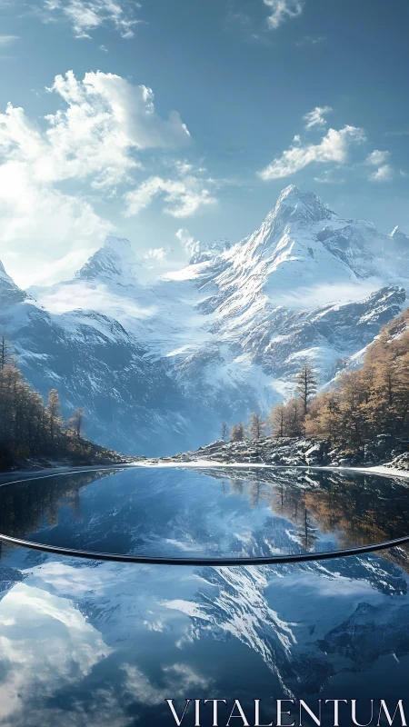 Snowcapped peaks mirrored in a perfectly still alpine lake.