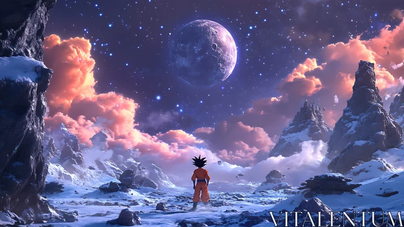 Lone anime warrior surveying frozen exoplanet horizonscape.