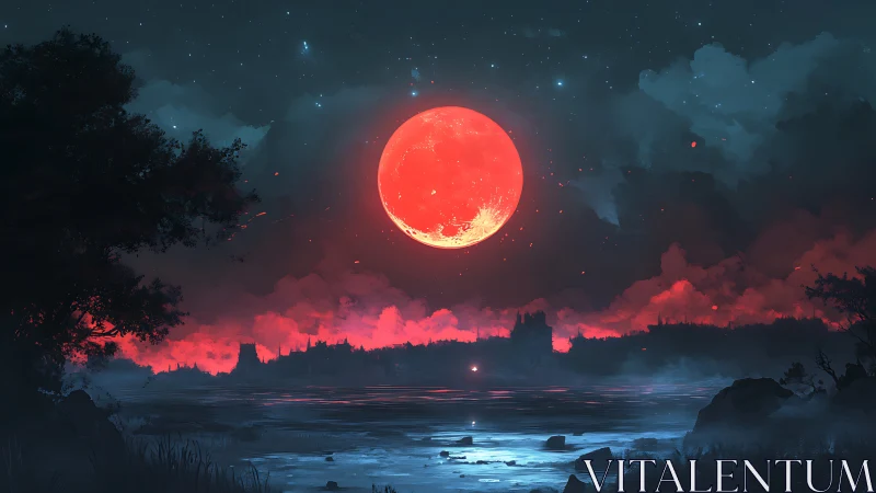 Crimson supermoon rises over misty lakeside forest at night.