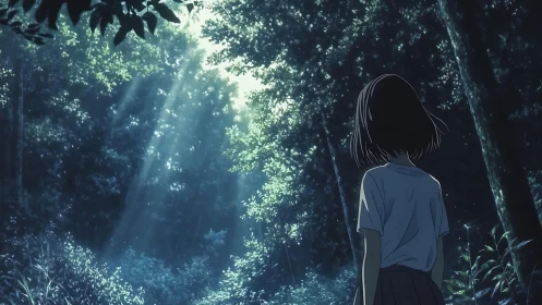 Backlit forest girl studies volumetric light shafts in silence