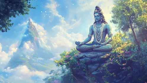 Blue-skinned meditating figure sits on rocky ledge in clouds