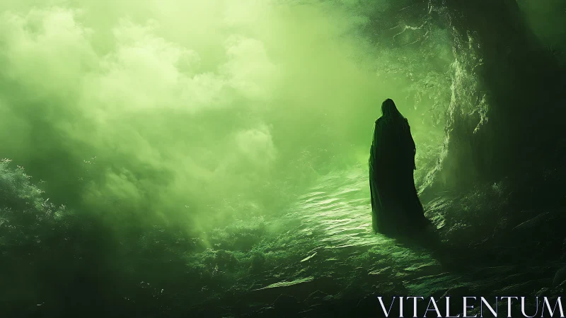 Hooded solitary figure on phosphorescent mist trail at night