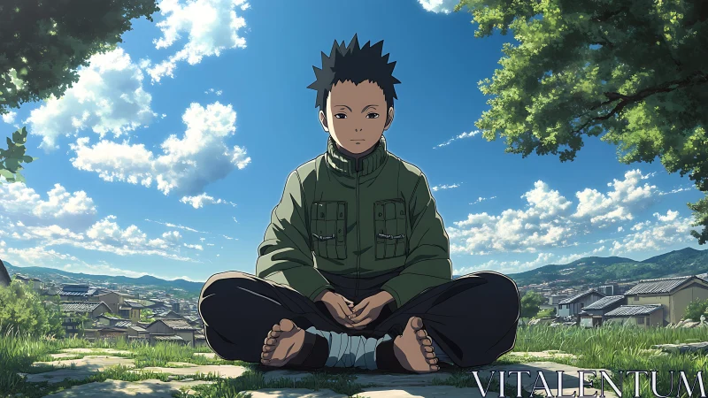 Boy sits cross‑legged on hillside above town under clear sky