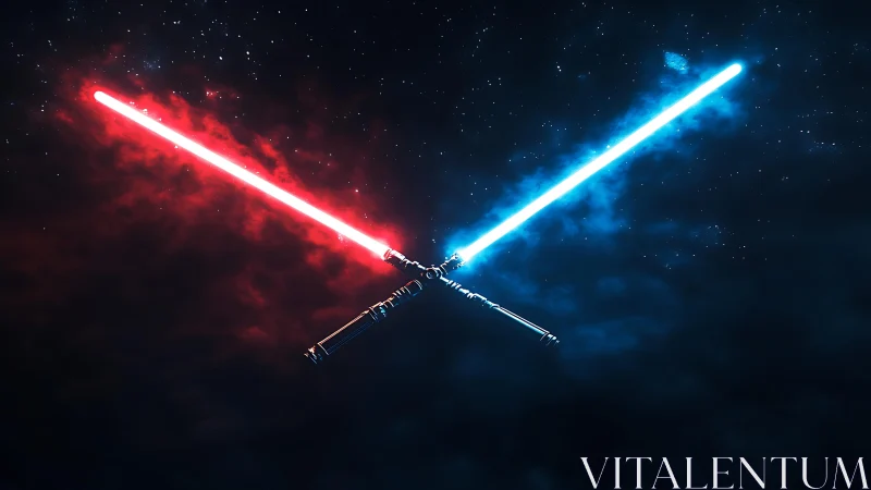 Crossed red and blue energy swords intersect in deep space