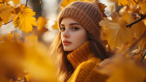 Soft autumn portrait captures serene beauty among golden leaves