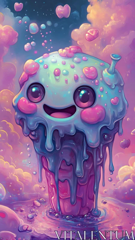 Whimsical melting milkshake creature in dreamy candy sky.