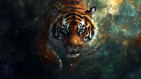 Cosmic tiger strides through swirling nebula light and shadow