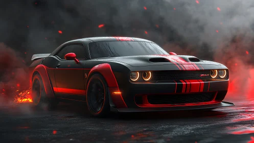 Muscle car in inferno-lit smoke with red racing stripes.