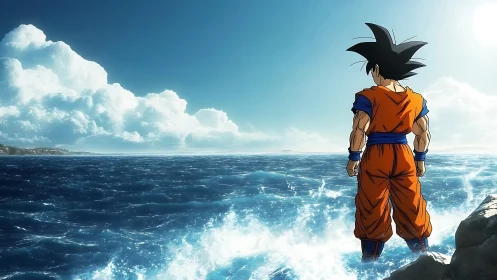 Anime character in orange gi standing on rocky ocean shore.