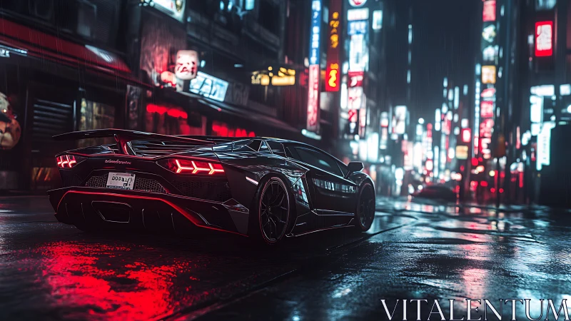 Rain-lacquered supercar under neon-saturated urban luminance.