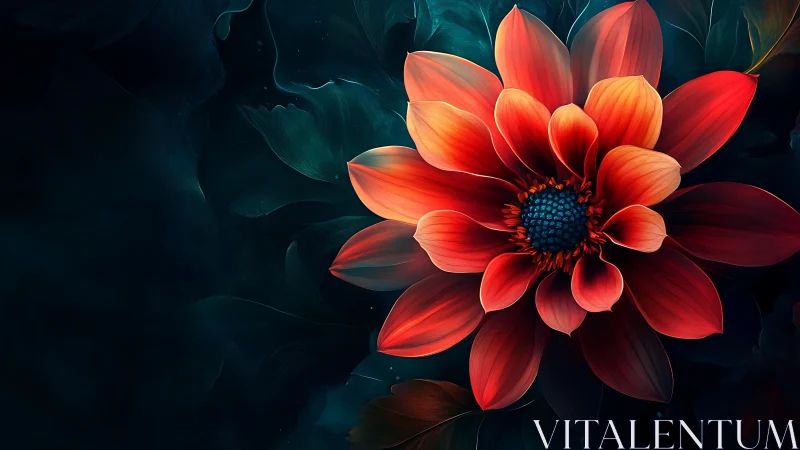 Luminous Red Dahlia Against Teal Darkness.