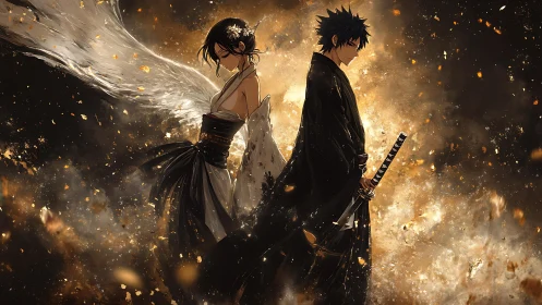 Winged woman and swordsman in opposing stances at dusk.