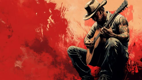 Lone cowboy guitarist against bold red abstract backdrop.