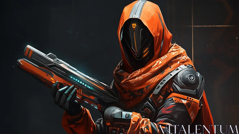 Cybernetic bounty hunter stands armed in glowing orange armor.