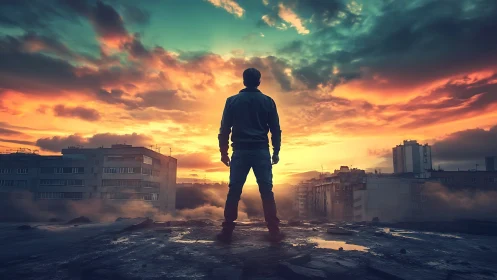 Solitary figure confronts apocalyptic city skyline at dusk