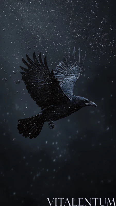 Nocturnal corvid in high-contrast snowfall flight study.