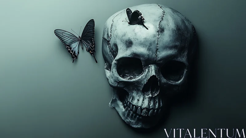 Weathered human skull with two black butterflies in directional light