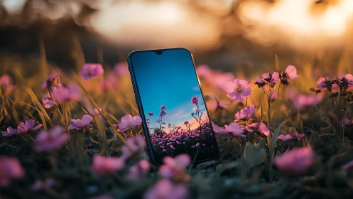 Sunset smartphone resting in dreamy wildflower meadow.