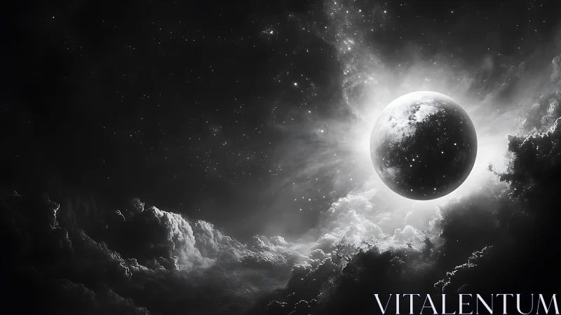 Monochrome celestial body amid backlit cloud structures.