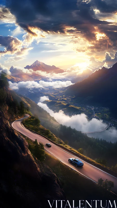 Cinematic alpine highway with luminous sunset gradients.