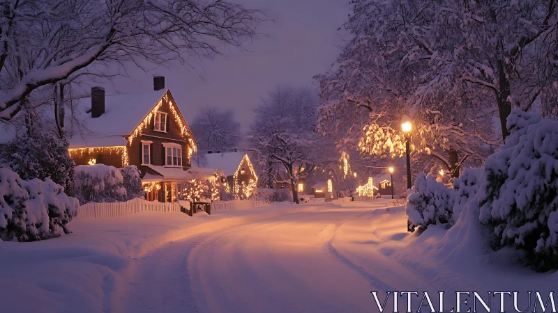 Snow covered suburban street shows warm holiday lights