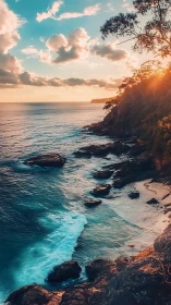 Golden light kisses a rocky cove along a peaceful ocean