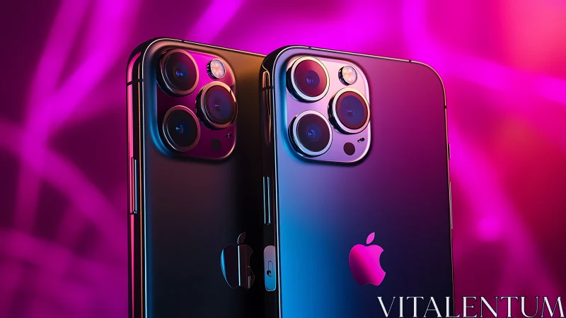 Two modern smartphones stand upright under magenta lighting