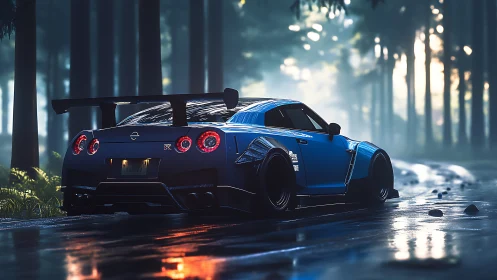Sleek blue sports car idles on a misty forest road at dusk.