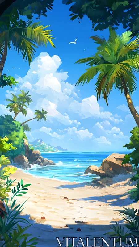 Tropical Coastal Landscape with Framing Palm Trees and Volumetric Cloud Formations