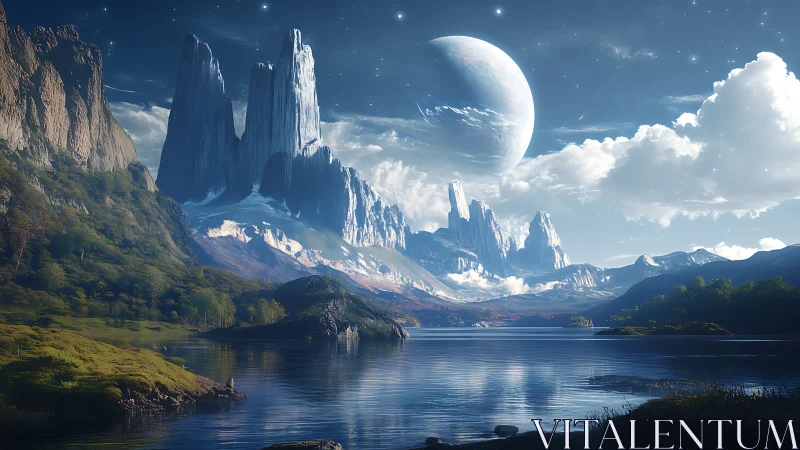 Alien mountain range rises over tranquil reflective lake world