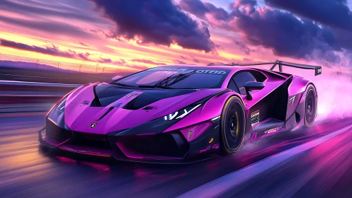 Magenta race car on track with sunset sky and motion blur.