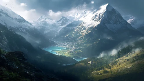 Snow-covered alpine valley with lake and distant village.