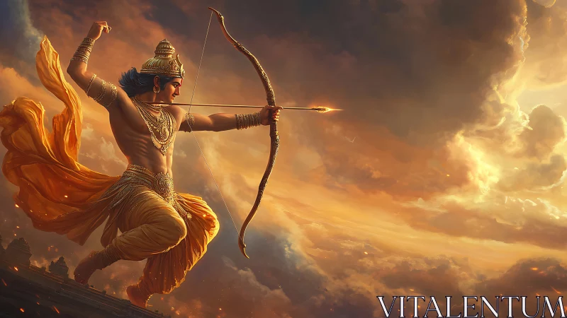 Mythic archer figure aims flaming arrow across clouded sky