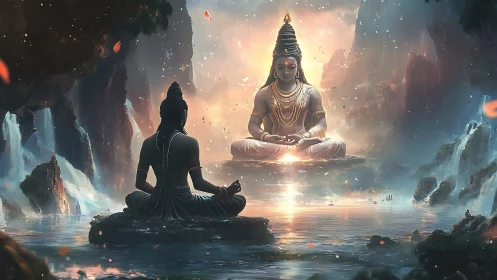 Divine yogi meditates above misty waterfalls in light.